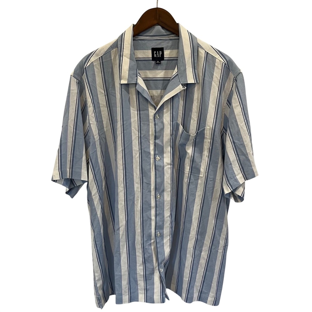 Gap Mens XXL Linen Blend Striped Short Sleeve Camp Collar Button Up Shirt - 086